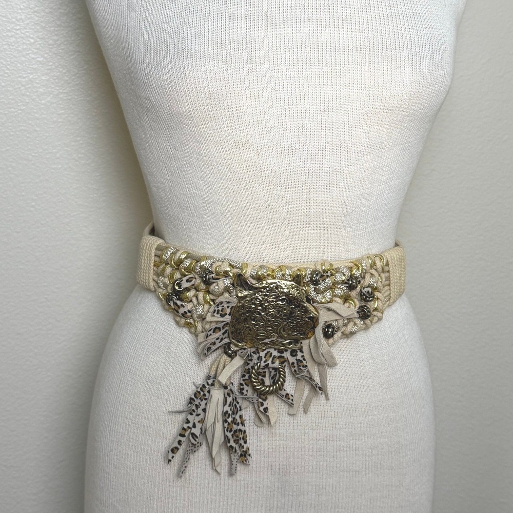 Rebecca's Vintage Leopard Head Braided Rope Statement Belt Gold Beige Fringe